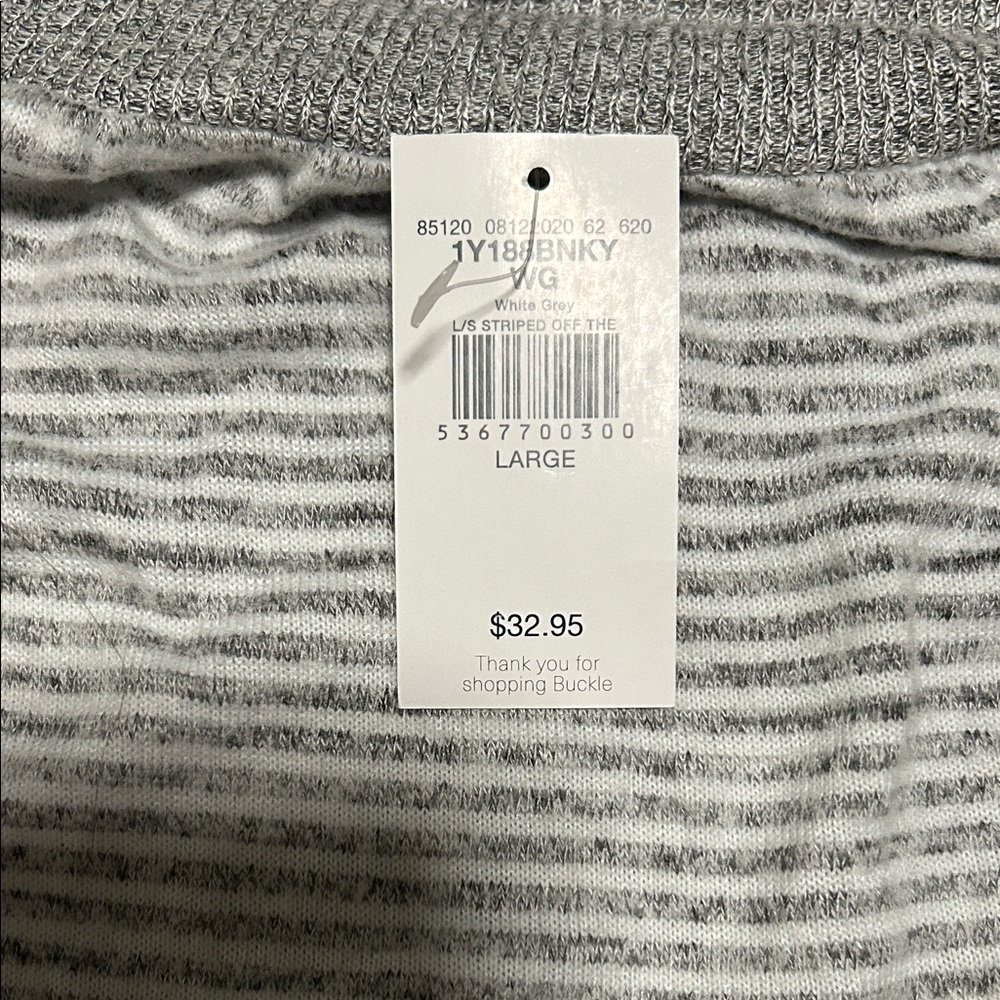 Buckle White and Grey Striped Off-the-Shoulder Sweater